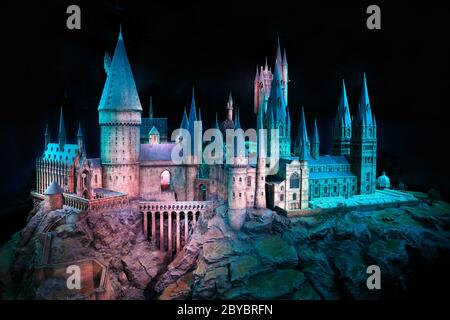 London, UK - February 2020: Hogwarts Castle, a large, seven-story high school building supported by magic in Leavesden Stock Photo