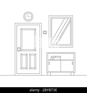 Cozy line art home entrance hall interior background. Stock Vector