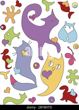 Funny cats and fishes figures hand drown doodle style. Seamless pattern for print, fabric, baby dress, design element. Stock Vector