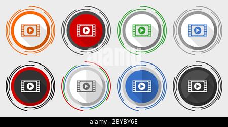 Video vector icon set, modern design flat graphic in 8 options for web design and mobile applications Stock Vector