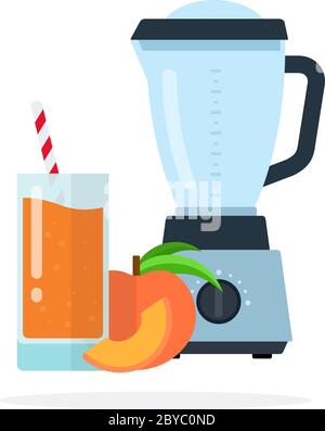 Blender, peach juice in a glass with straws, peach and a slice of peach vector flat isolated Stock Vector