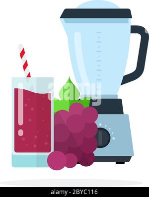 A glass of grape juice, a bunch of red grape and blender vector flat isolated Stock Vector