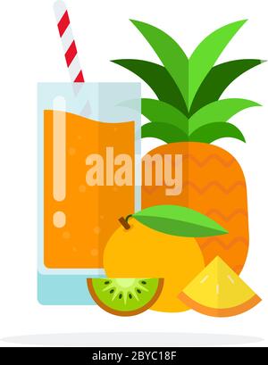 Multivitamin juice in a glass, pineapple, apricot, a piece of kiwi and a slice of pineapple flat isolated Stock Vector