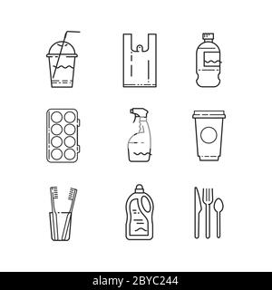 Plastic recycling items simple line icon set. Stock Vector