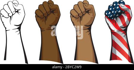 Raised fist set including line art, flesh tones and patriotic versions isolated vector illustration Stock Vector