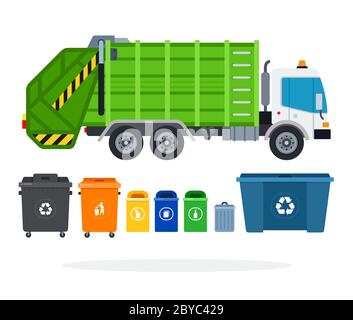Set of garbage truck and different types of garbage containers, tanks vector icon flat isolated. Stock Vector