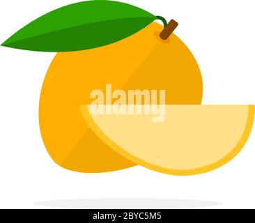 Yellow mango with leaf and slice of mango flat isolated Stock Vector