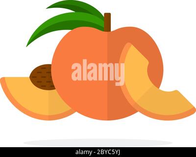 Whole peach with leaf and pieces of peach flat isolated Stock Vector