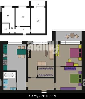 Detailed apartment furniture top view of a flat plan style Stock Vector