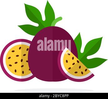 A whole fruit passion fruit, half passion fruit and a piece of passion fruit flat isolated Stock Vector