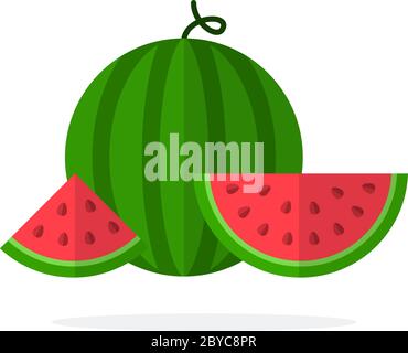 A whole watermelon and slices of watermelon with seeds flat isolated Stock Vector