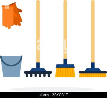 Bucket, gloves, rakes and brushes for cleaning flat isolated Stock Vector