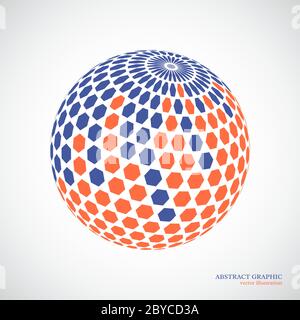 Abstract globe sphere, 3d hexagon effect. Red, blue colors, whit Stock Vector