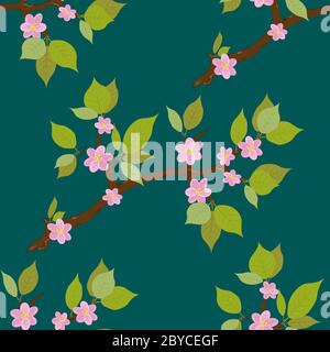 seamless pattern of cherry blossoms on a turquoise background Stock Vector