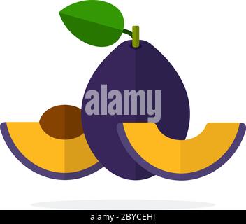 The whole plum with a leaf and a slice of plum with a stone flat isolated Stock Vector
