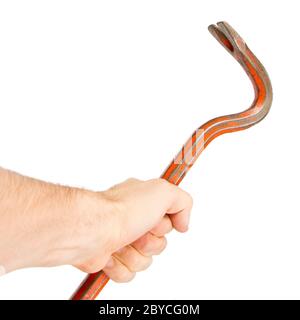 Hand holding old red crowbar Stock Photo