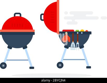 Open and closed round grill with grilling equipment flat isolated Stock Vector
