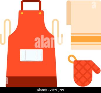 Apron, kitchen towel and potholder for hot dishes vector flat isolated Stock Vector