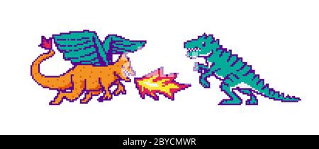 Arte de pixel de dinossauro. Tiranossauro pixelizado. Dino jogos retro. 8.  imagem vetorial de MaryValery© 146074705