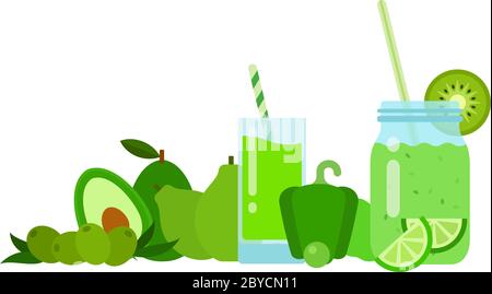 Green vegetables and fruits with cocktails in a glass and in a glass jar with straws flat isolated Stock Vector