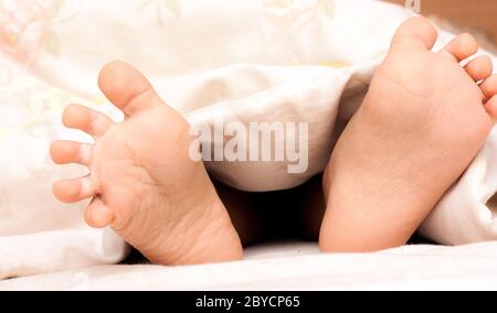 Baby feet under a blanket Stock Photo