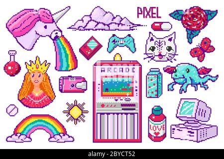 Pixel art 8 bit objects. Retro digital game assets. Set of Pink fashion icons. Vintage girly stickers. Arcades Computer video. Characters dinosaur Stock Vector