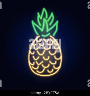 Neon pineapple. Fashion sign. Night light signboard, Glowing banner. Summer emblem. Club Bar logo on dark background. Tropical fruit Stock Vector