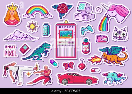Pixel art 8 bit objects. Retro digital game assets. Set of Pink fashion icons. Vintage girly stickers. Arcades Computer video. Characters dinosaur Stock Vector