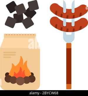 Sausages on a meat fork with charcoal in the package flat isolated Stock Vector