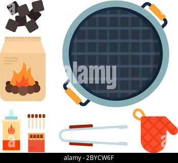Set of ignition and utensils for barbecue flat isolated Stock Vector