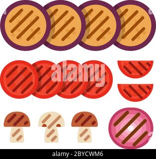 Round pieces of eggplant, tomato, mushroom and onion grilled vector flat material design isolated on white Stock Vector