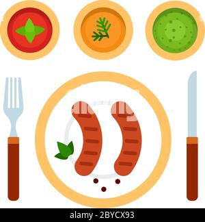 Grilled Sausages on a plate. Cutlery and sauces in mugs vector flat isolated Stock Vector