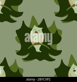 owl on a branch against the background of a forest doodle seamless patterrn for design and print. Stock Vector