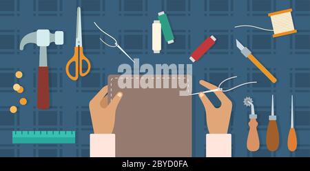 Tools lie on the table and hands sew the cover of a handmade diary vector icon flat isolated Stock Vector