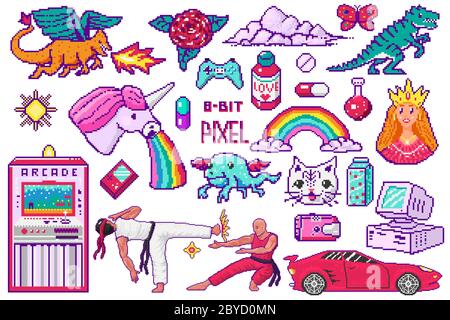 Pixel art 8 bit objects. Retro digital game assets. Set of Pink fashion icons. Vintage girly stickers. Arcades Computer video. Characters dinosaur Stock Vector