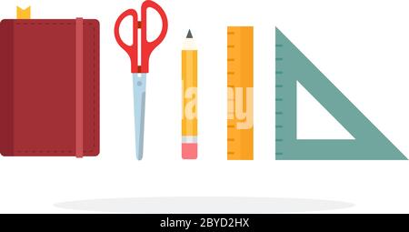 Notebook, scissors, pencil, triangular ruler and straight ruler flat isolated Stock Vector