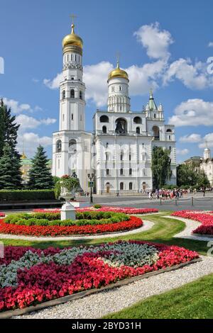 Ivan the Great Bell-Tower Complex and Flower Bed in Moscow Kremlin Stock Photo