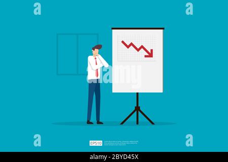 sad businessman because decrease sales presentation report on whiteboard. business finance crisis concept. lost crisis bankrupt declining. cost reduct Stock Vector