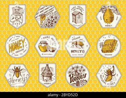 Honey and bees stickers set. Beekeeper man and Honeycombs and hive and apiary. Vintage logo for typography, shop or signboards. Badge for t-shirts Stock Vector