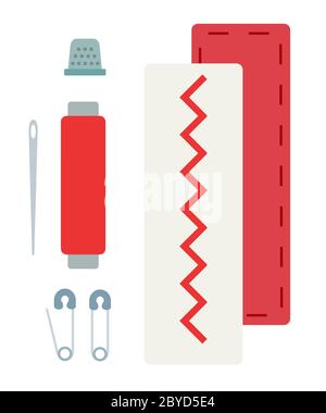 A set of tools for hand sewing and types of stitches on the fabric vector icon flat isolated. Stock Vector