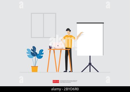 Businessman presenting marketing idea plan concept. Business character giving presentation report, lesson session, meeting, council on a whiteboard. F Stock Vector