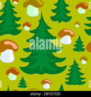 spruce trees and mushrooms seamless pattern background Stock Vector
