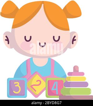 baby shower, cute little girl with blocks and pyramid cartoon, announce newborn welcome card vector illustration Stock Vector