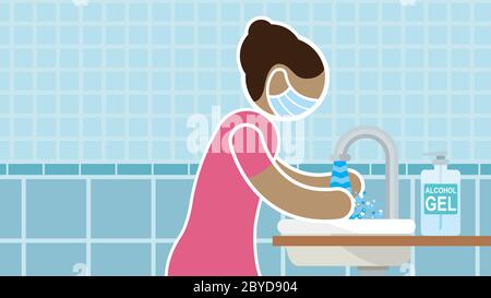 Profile woman wearing blue protective face mask washing her hands in bathroom with alcohol bottle and blue wall background. Vector image Stock Vector