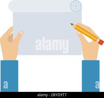 Roll of white paper with human hands and pencil flat isolated Stock Vector
