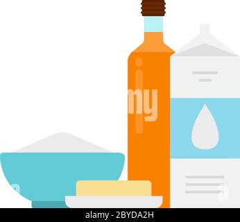 A package of milk, a plate of croup, butter, a bottle of sunflower oil flat isolated Stock Vector