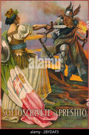 Italy. Giovanni Capranesi (1852-1921) 1917. The allegory of Italy, a woman dressed in armor, the city battlements and the flag of Italy fights with her sword the German barbarians from the north from which comes murdering and burning over the mountains. This image is linked to the self-image of Italy as the heir of the Roman Empire, in which each non-Romans was considered Barbarian. World War I Propaganda Poster Stock Photo