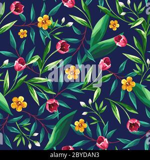 Vector seamless pattern with pink, yellow and white flowers and green leaves on a dark blue background. Stock Vector