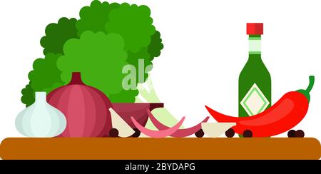 Broccoli, garlic, salsa sauce, onion and chili pepper on a wooden board vector flat isolated Stock Vector