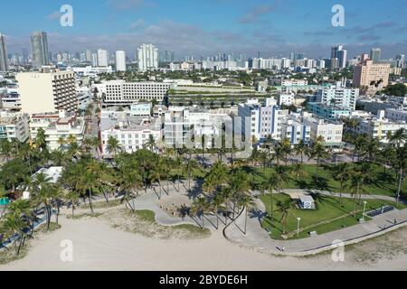 Aerial view of South Beach and Lummus Park in Miami Beach, Florida duing coronavirus beach, hotel, park and restaurant closures on sunny morning. Stock Photo